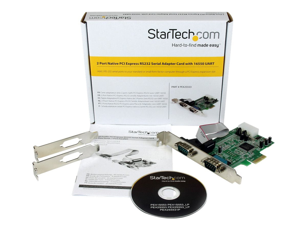 StarTech.com Tarjeta PCI Express Adaptadora Serie RS232 DB9 de 2 Puertos UART16550 - Tarjeta PCIe Controladora de Host Serial RS232 - Tarjeta de Expansión - Windows y Linux (PEX2S553) - Adaptador serie - PCIe perfil bajo - RS-232 x 2 - para P/N: BNDTB10GI-12