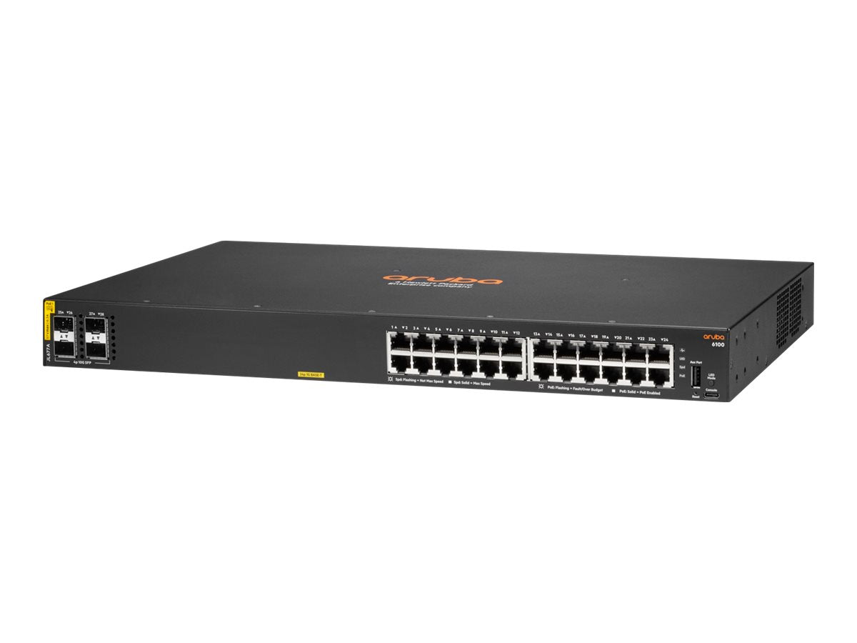 HPE Aruba 6100 24G Class4 PoE 4SFP+ - Conmutador - Gestionado - 24 x 10/100/1000 (PoE+) + 4 x 1 Gigabit / 10 Gigabit SFP+ - flujo de aire de lado a lado - montaje en rack - PoE+ (370 W)-2