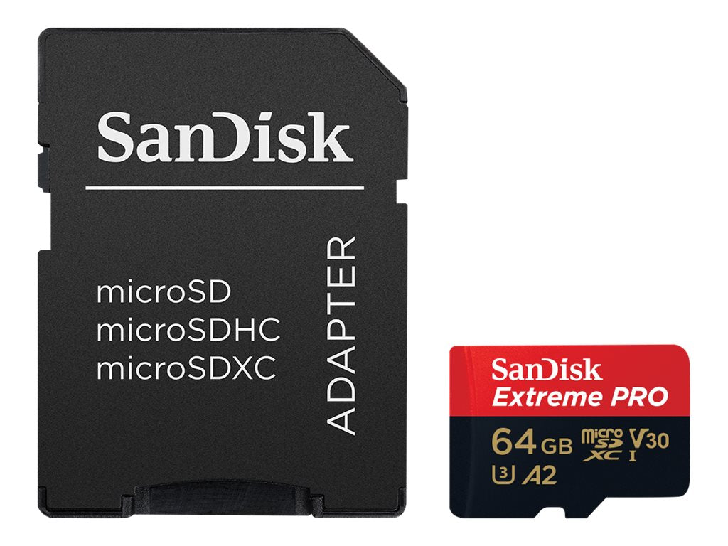 SanDisk Extreme Pro - Tarjeta de memoria flash (adaptador microSDXC a SD Incluido) - 64 GB - A2 / Video Class V30 / UHS-I U3 / Class10 - microSDXC UHS-I-2
