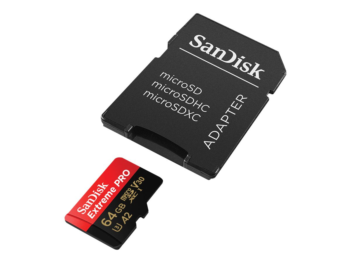 SanDisk Extreme Pro - Tarjeta de memoria flash (adaptador microSDXC a SD Incluido) - 64 GB - A2 / Video Class V30 / UHS-I U3 / Class10 - microSDXC UHS-I
