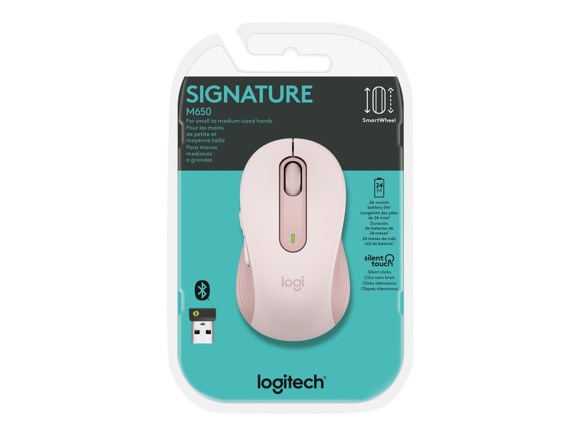 Logitech Signature M650 - Ratón - manos pequeñas - diestro y zurdo - inalámbrico - 2.4 GHz, Bluetooth - receptor de USB Logitech Logi Bolt - rosa-6