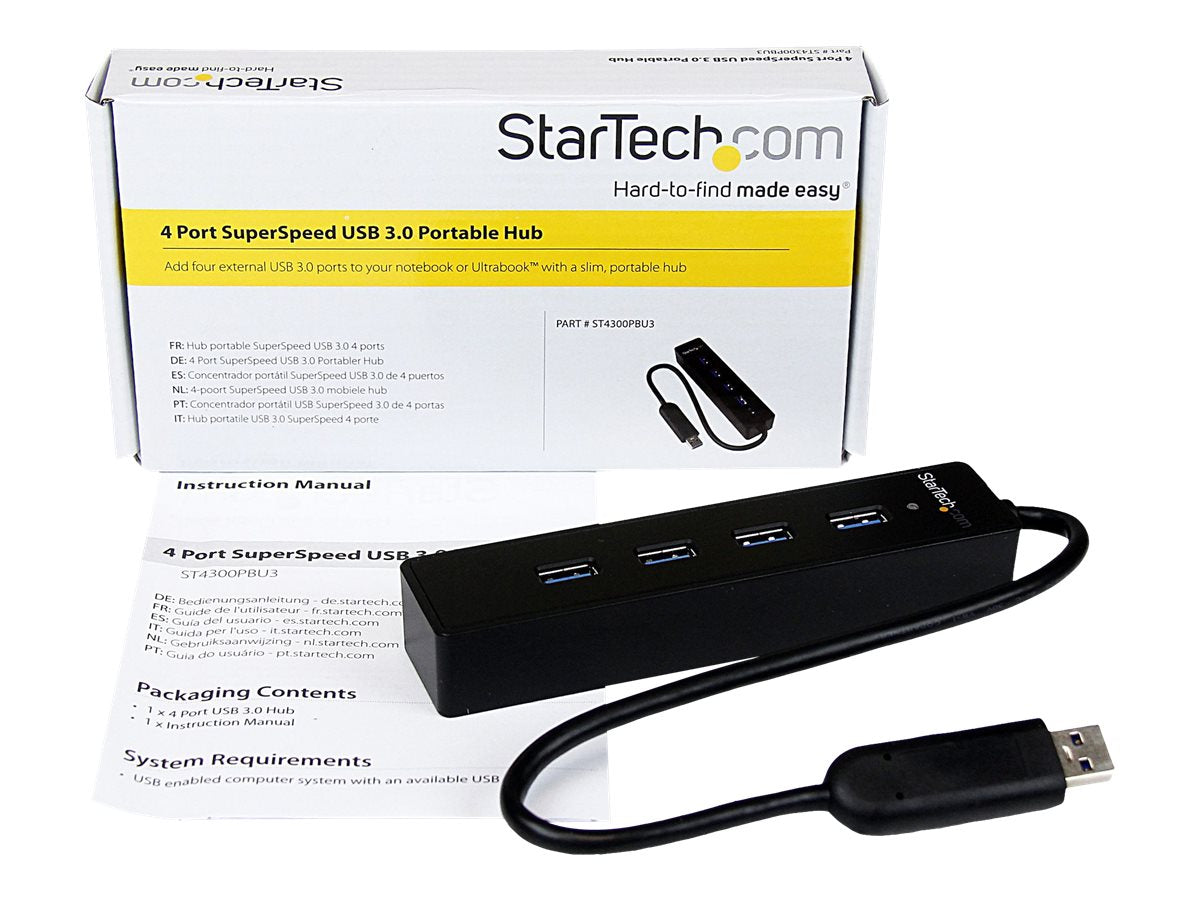 StarTech.com Adaptador Concentrador Hub Ladrón USB 3.0 Super Speed 4 Puertos Salidas Portátil para Laptop Ordenador - Negro - Hub - 4 x SuperSpeed USB 3.0 - sobremesa - para P/N: FCREADMICRO3, MSDREADU3CA-12
