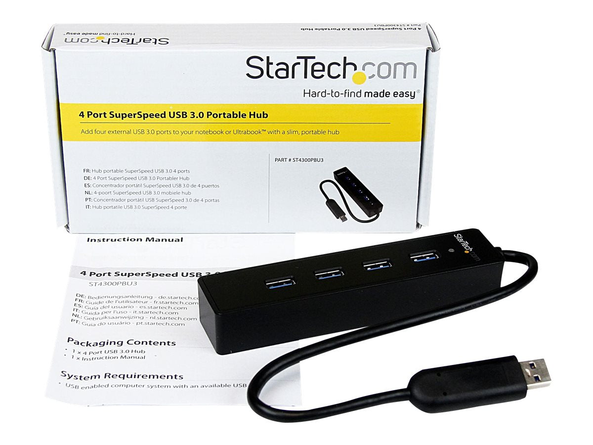StarTech.com Adaptador Concentrador Hub Ladrón USB 3.0 Super Speed 4 Puertos Salidas Portátil para Laptop Ordenador - Negro - Hub - 4 x SuperSpeed USB 3.0 - sobremesa - para P/N: FCREADMICRO3, MSDREADU3CA