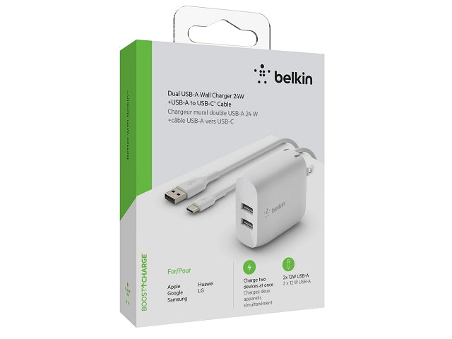 Belkin - Cargador de pared - 24 vatios - 4.8 A - 2 conectores de salida (2 x USB) - en el cable: USB-C-2