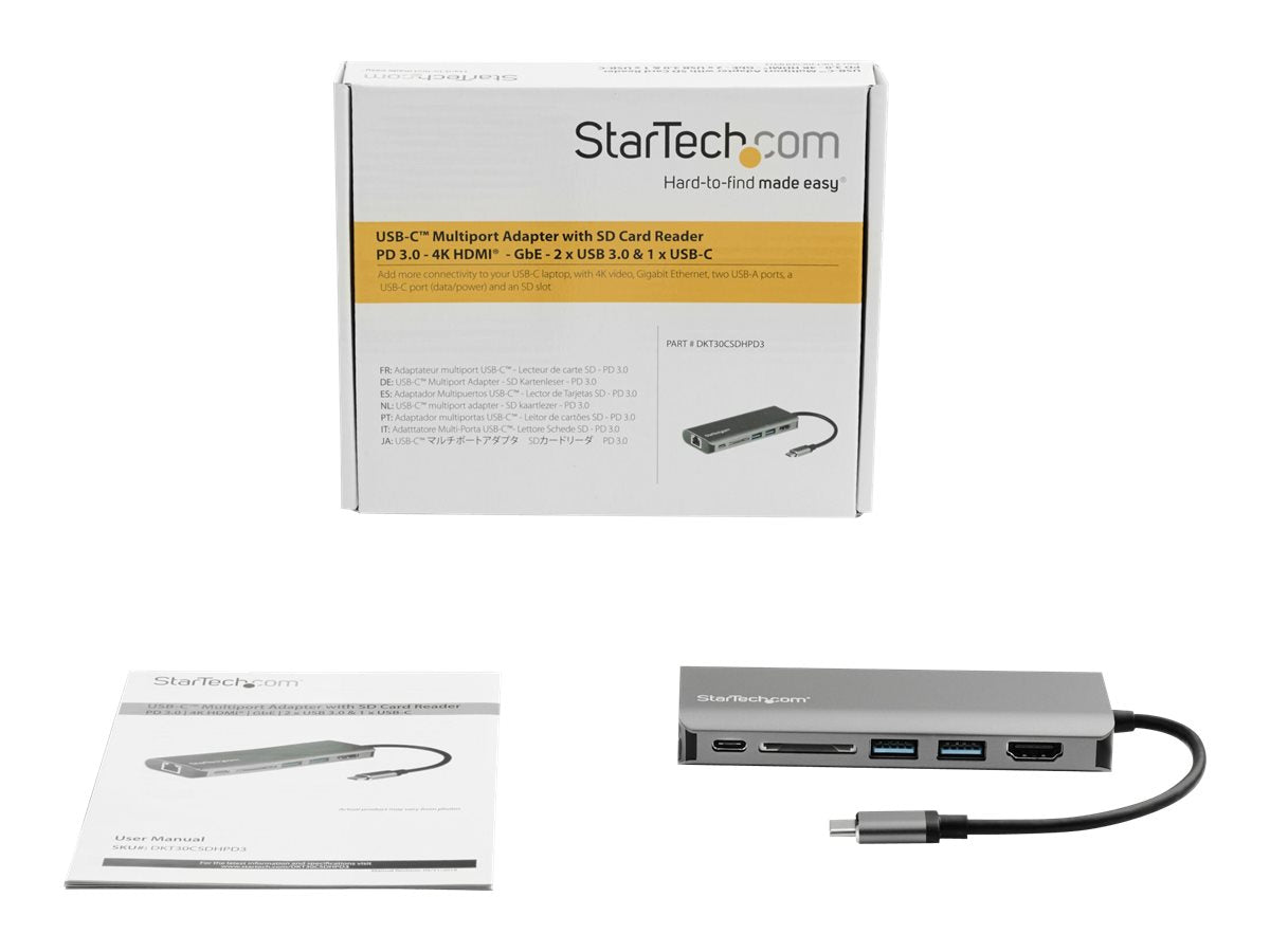 StarTech.com Adaptador Multipuertos con HDMI - 4K - Mac / Windows - Lector de Tarjetas SD - Hub USB C a USB 3.0 - 2x USB-A 1x USB-C PD 3.0 - Versión actualizada del DKT30CSDHPD (DKT30CSDHPD3) - Estación de conexión - USB-C - 1GbE - para P/N: ARMPIVOTE2, F-6