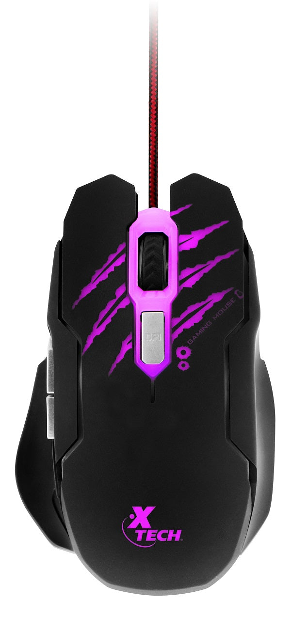 Mouse para Gaming Xtech XTM-610 Lethal Haze - Resolución ajustable de hasta 3200 ppp - Luces LED de 4 colores - Cable sin enredos - para juegos 3D de 6 botones - Sensor: Óptico - Botones: 6 - Iluminado: Sí - Longitud del cable: 5,2 pies, trenzado-3
