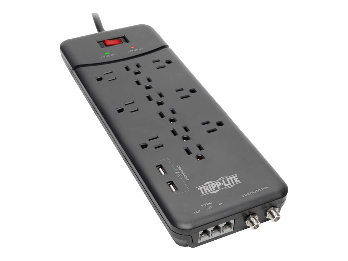 Eaton Tripp Lite Series 12-Outlet Surge Protector Power Strip 8 ft. Cord, 4320 Joules, Tel/Modem/Coax Protection, 2 USB Ports, Black - Protector contra sobretensiones - 15 A - CA 120 V - 1800 vatios - conectores de salida: 14 - 2.44 m cable - gris oscuro-3