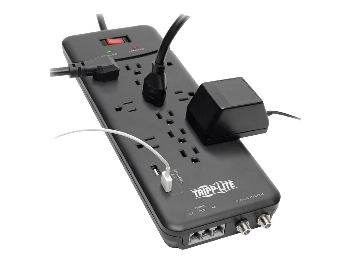Eaton Tripp Lite Series 12-Outlet Surge Protector Power Strip 8 ft. Cord, 4320 Joules, Tel/Modem/Coax Protection, 2 USB Ports, Black - Protector contra sobretensiones - 15 A - CA 120 V - 1800 vatios - conectores de salida: 14 - 2.44 m cable - gris oscuro-14