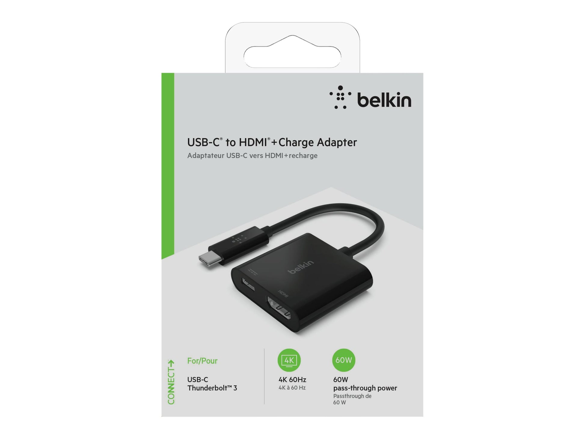 Belkin USB-C to HDMI + Charge Adapter - Adaptador de vídeo - 24 pin USB-C macho a HDMI, USB-C (solo alimentación) hembra - negro - compatibilidad con 4K, USB Power Delivery (60W)-1