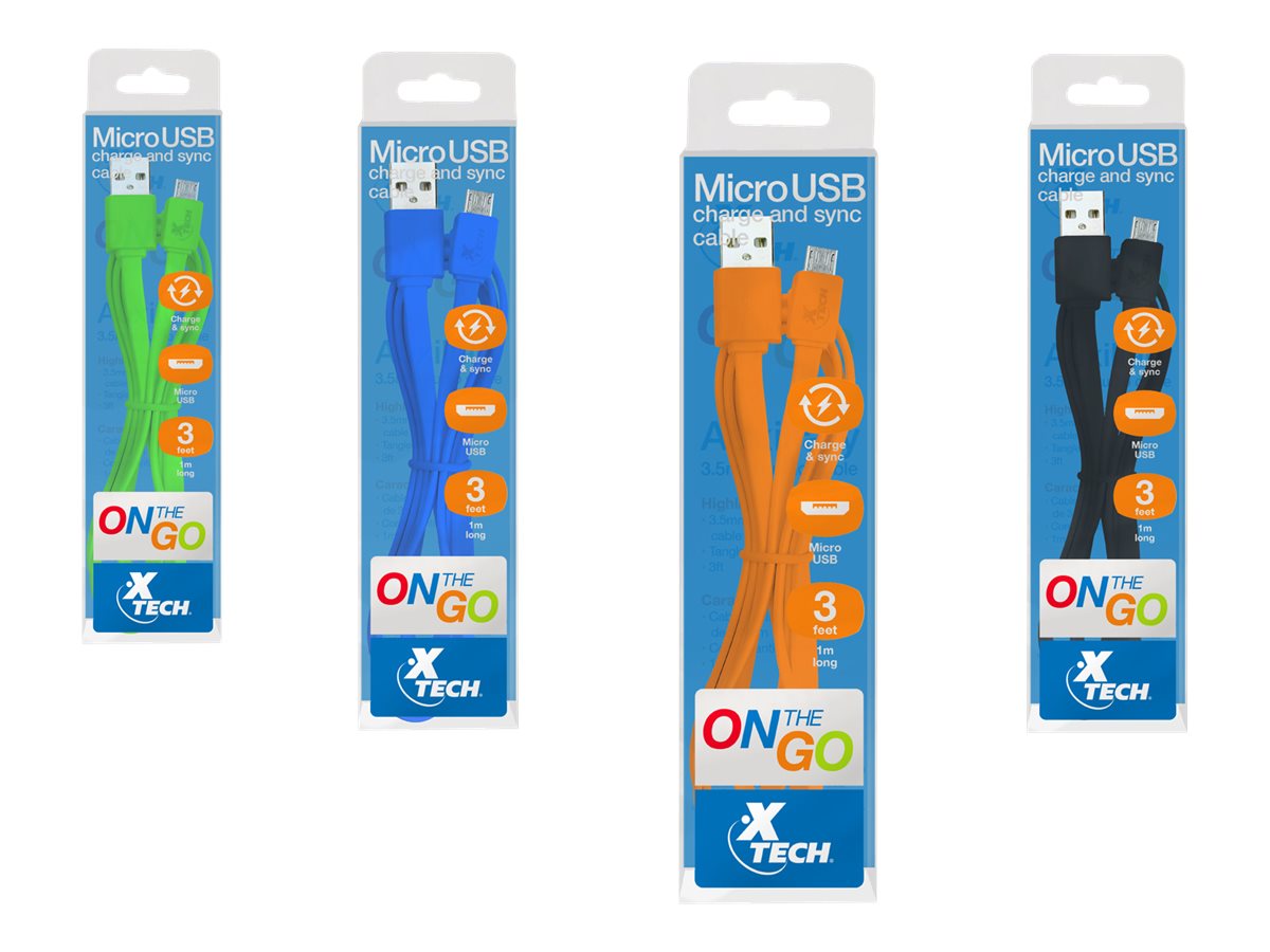 Xtech XTG-231 - Cable USB - USB (M) a Micro-USB tipo B (M) - USB 2.0 - 5 V - 2.4 A - 1 m - plano - negro, blanco, azul, verde, naranja (paquete de 10)-5