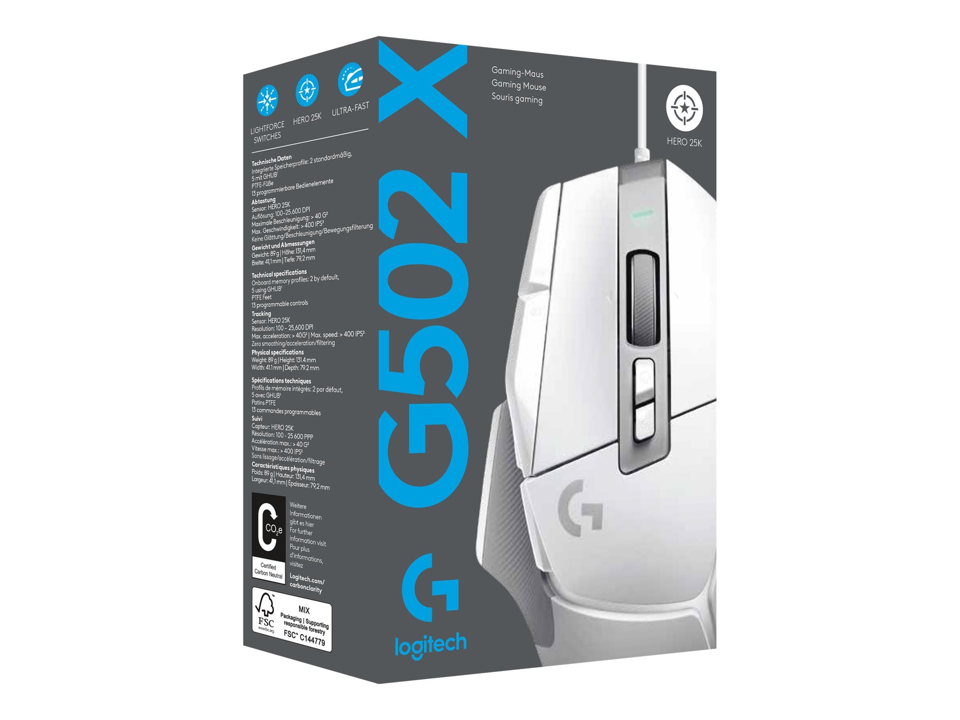 Logitech G502 X Wired Gaming Mouse - LIGHTFORCE hybrid optical-mechanical primary switches, HERO 25K gaming sensor, compatible with PC - macOS/Windows - White - Ratón - óptico - cableado - USB - blanco
