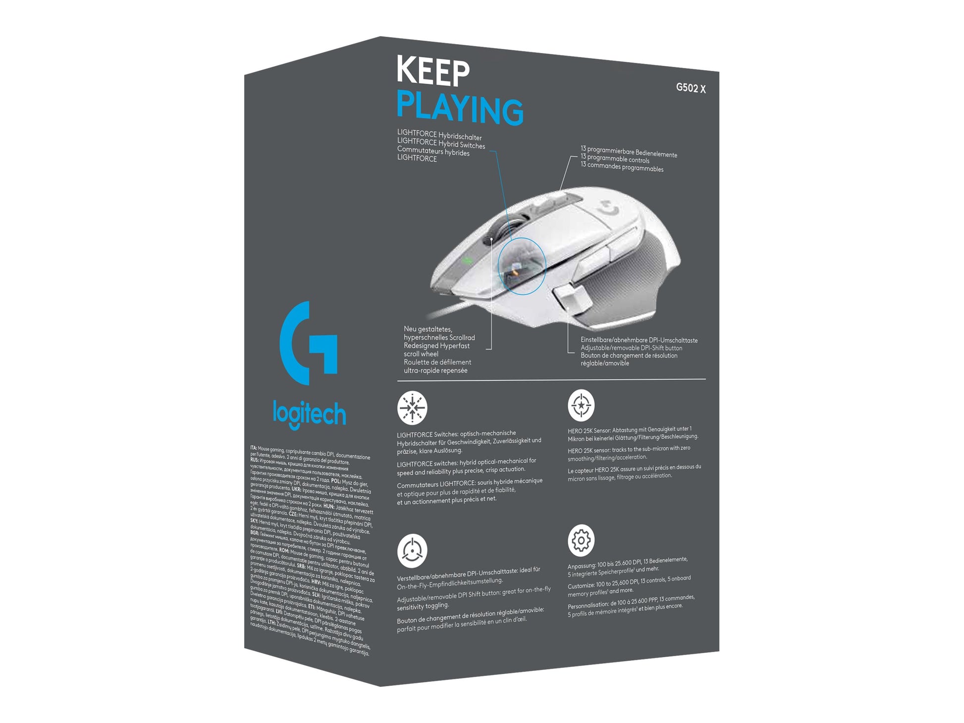 Logitech G502 X Wired Gaming Mouse - LIGHTFORCE hybrid optical-mechanical primary switches, HERO 25K gaming sensor, compatible with PC - macOS/Windows - White - Ratón - óptico - cableado - USB - blanco-8