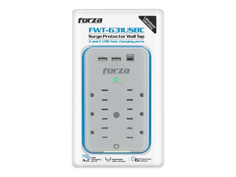 Forza FWT-631USBC - Protector contra sobretensiones (montaje en pared) - CA 125 V - 1875 vatios - conectores de salida: 6 - blanco-3