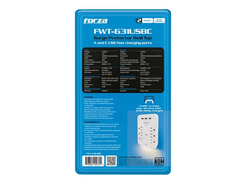 Forza FWT-631USBC - Protector contra sobretensiones (montaje en pared) - CA 125 V - 1875 vatios - conectores de salida: 6 - blanco