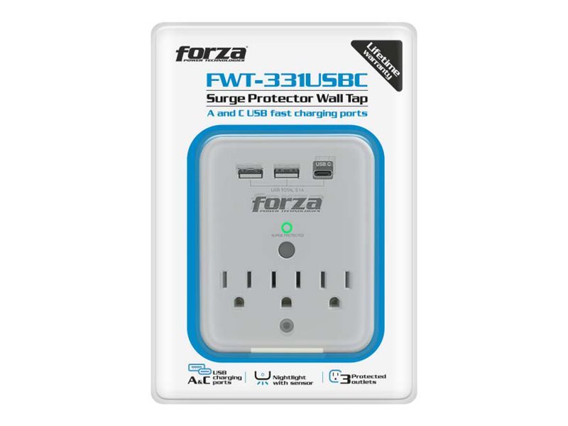 Forza FWT-331USBC - Protector contra sobretensiones (montaje en pared) - CA 125 V - 1875 vatios - conectores de salida: 3 - blanco-2