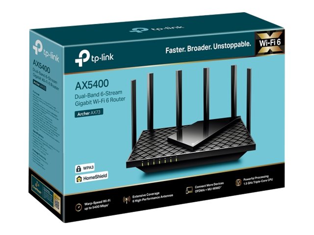TP-LINK Archer AX73 - V1 - - enrutador inalámbrico - conmutador de 4 puertos - 1GbE - Wi-Fi 6 - Doble banda - hasta 5.4Gbps - Estructura 4T4R y HE160 en la banda 5GHz que permite una conexión ultrarrápida de 4.8 Gbps - 6 potentes antenas - Entrada USB 3.0-8