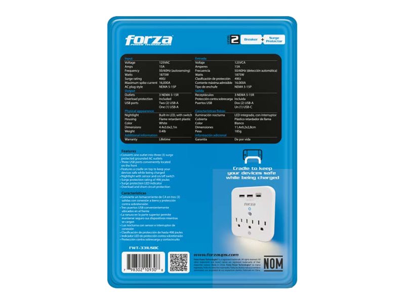 Forza FWT-331USBC - Protector contra sobretensiones (montaje en pared) - CA 125 V - 1875 vatios - conectores de salida: 3 - blanco-12