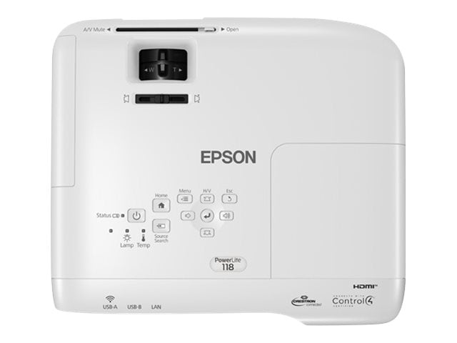 Epson PowerLite 118 - Proyector 3LCD - portátil - 3800 lúmenes (blanco) - 3800 lúmenes (color) - XGA (1024 x 768) - 4:3 - LAN-4