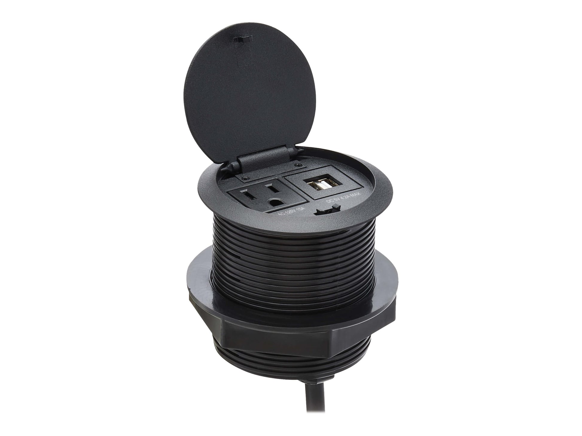 Eaton Tripp Lite Series Protect It! Desktop Power Grommet - NEMA 5-15P, 2x USB-A Charging, Surge Protection, 10 ft. Cord, Antimicrobial, Black - Banda de potencia (emergente) - 15 A - CA 120 V - input: NEMA 5-15P - conectores de salida: 3 (power NEMA 5-15-3