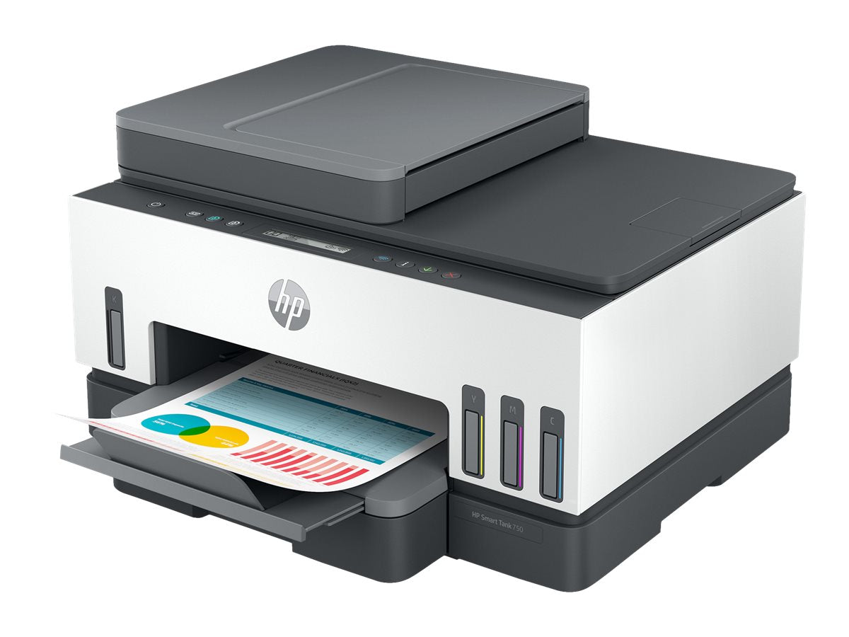HP Smart Tank 750 All-in-One - Impresora multifunción - color - chorro de tinta - rellenable - Letter A (216 x 279 mm)/A4 (210 x 297 mm) (original) - A4/Legal (material) - hasta 13 ppm (copiando) - hasta 15 ppm (impresión) - 250 hojas - USB 2.0, LAN, Wi-F-14