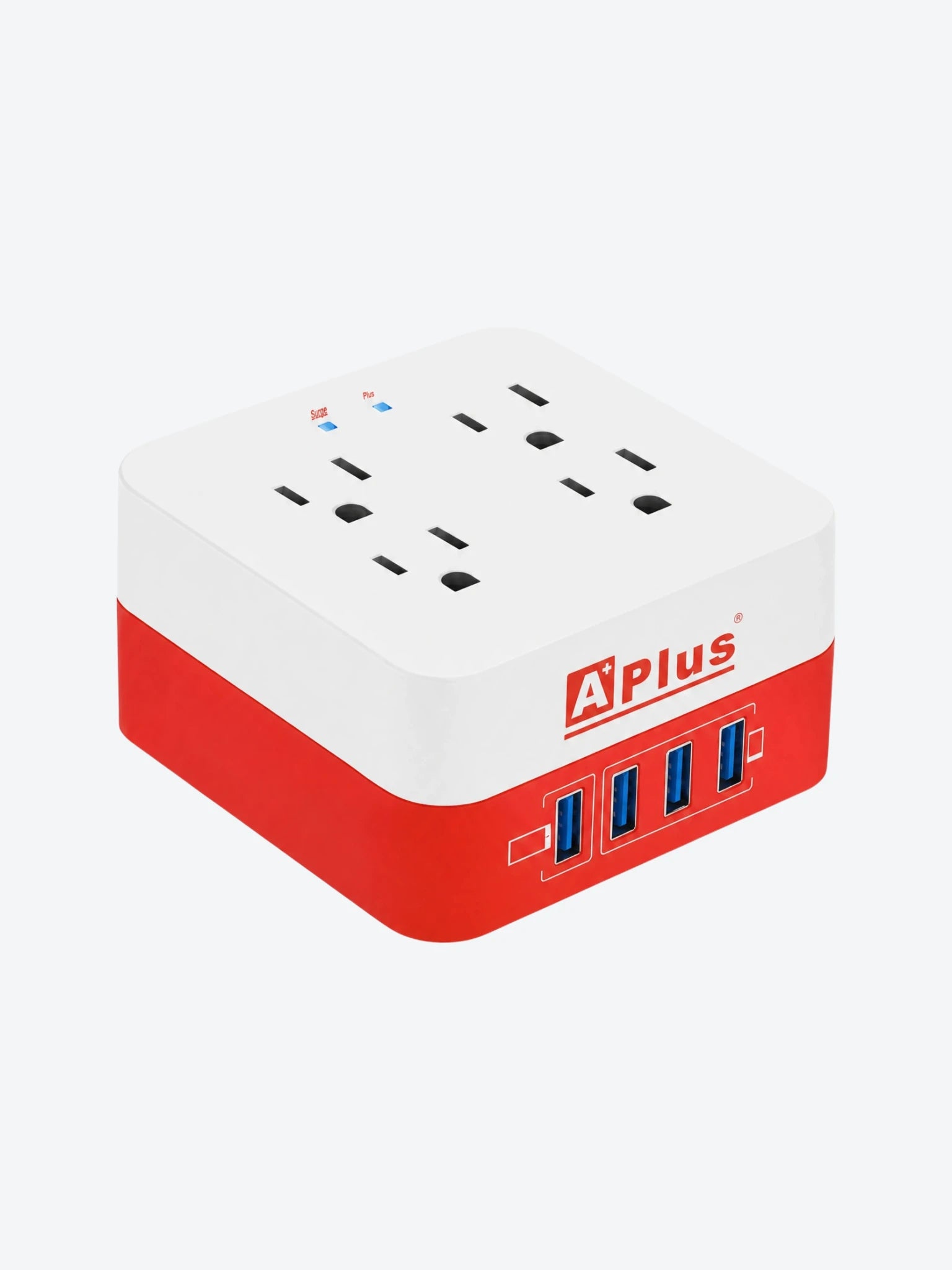 Protector de Sobretension APlus PlusExtend 8-10A-12M 10Amp 900 Joules 5V/2.4A 4 Tomas 4 Puertos USB 5VDC Color Blanco con Rojo-1