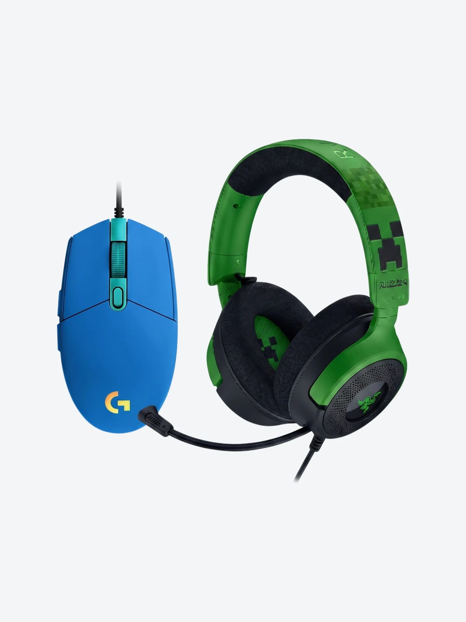 Combo de Headset Gaming Razer RZ04-05180200-R3M1 Kraken V4 X Wired Color Verde Minecraft con Mouse Gaming Logitech G203 910-005792 Lightsync Color Azul-1