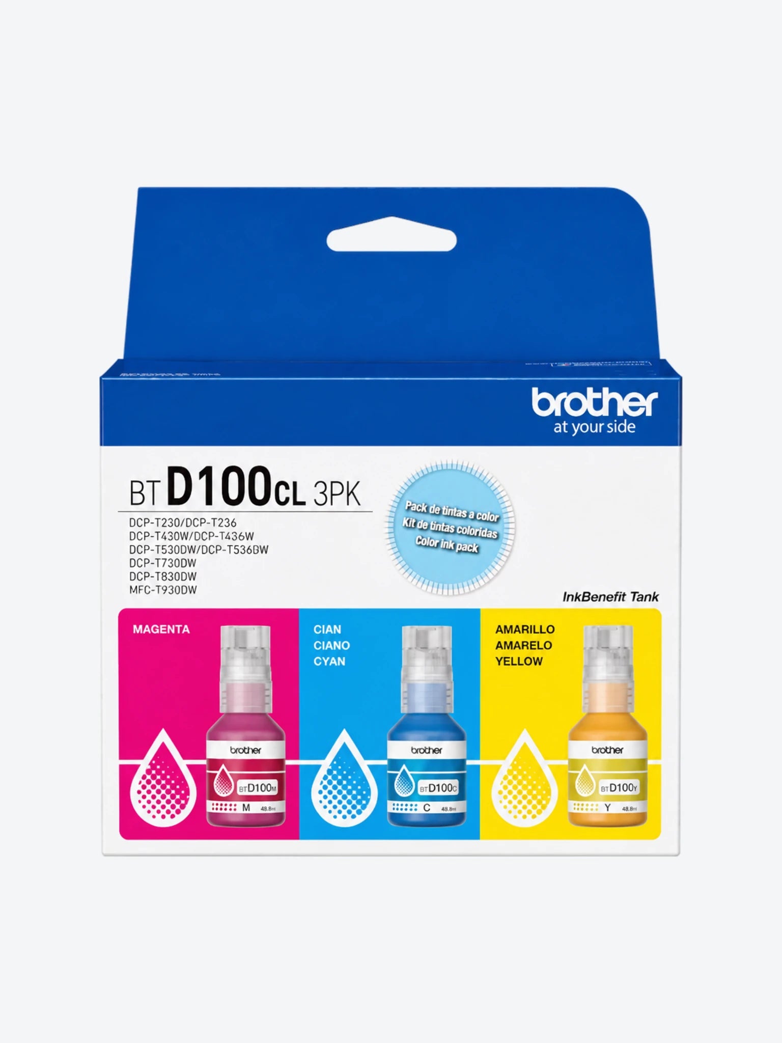 KIT DE TINTA 3 RECARGAS BROTHER BTD100CL3PKMEX INKBENEFIT CIAN / MAGENTA / AMARILLO