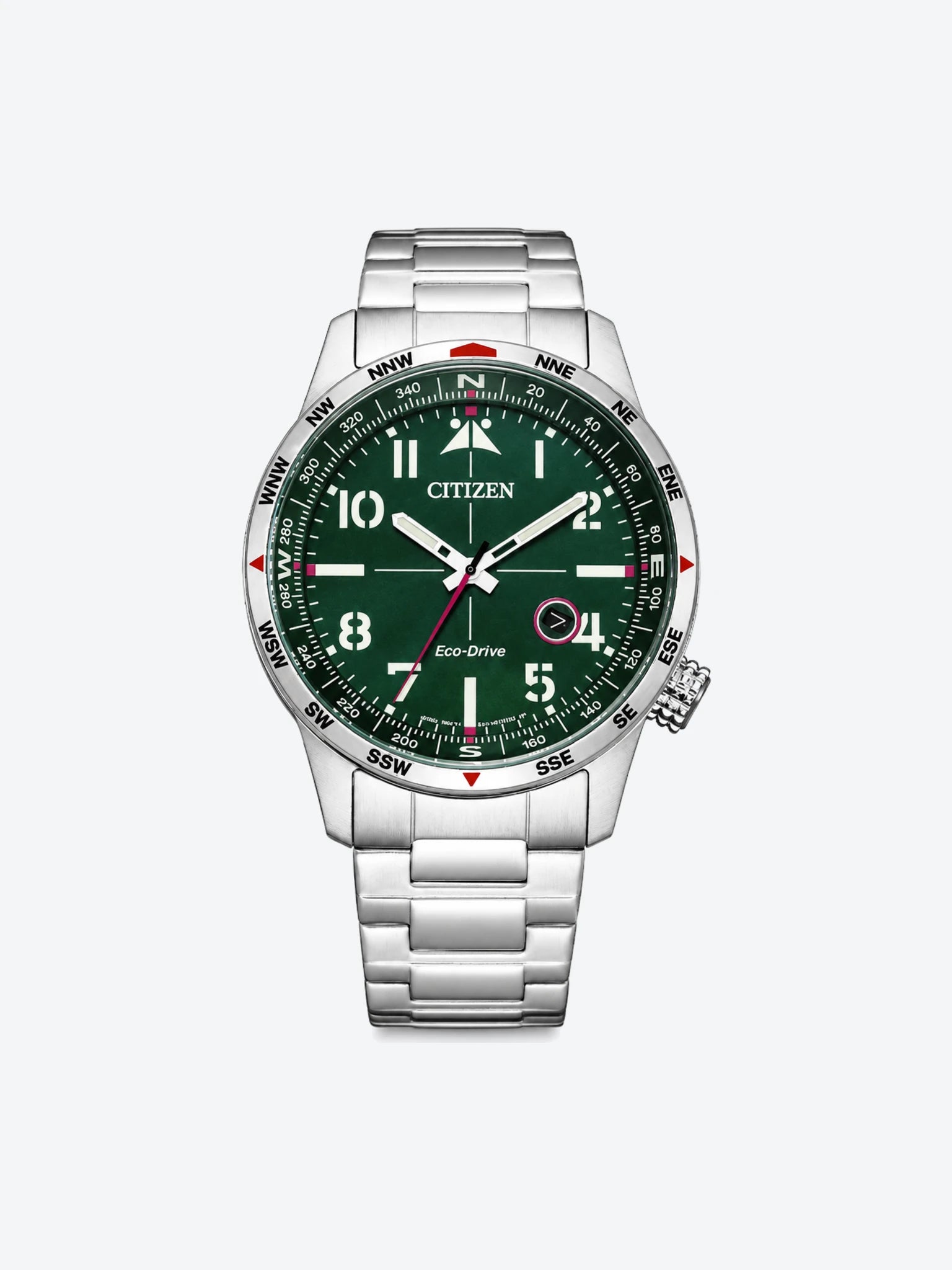 Reloj de Pulsera Anlogo Tres Manecillas Brjula Manual con bisel Giratorio Interno y Fechador de Caballero esfera verde con Caja y Banda de Acero Inoxidable Plateado.