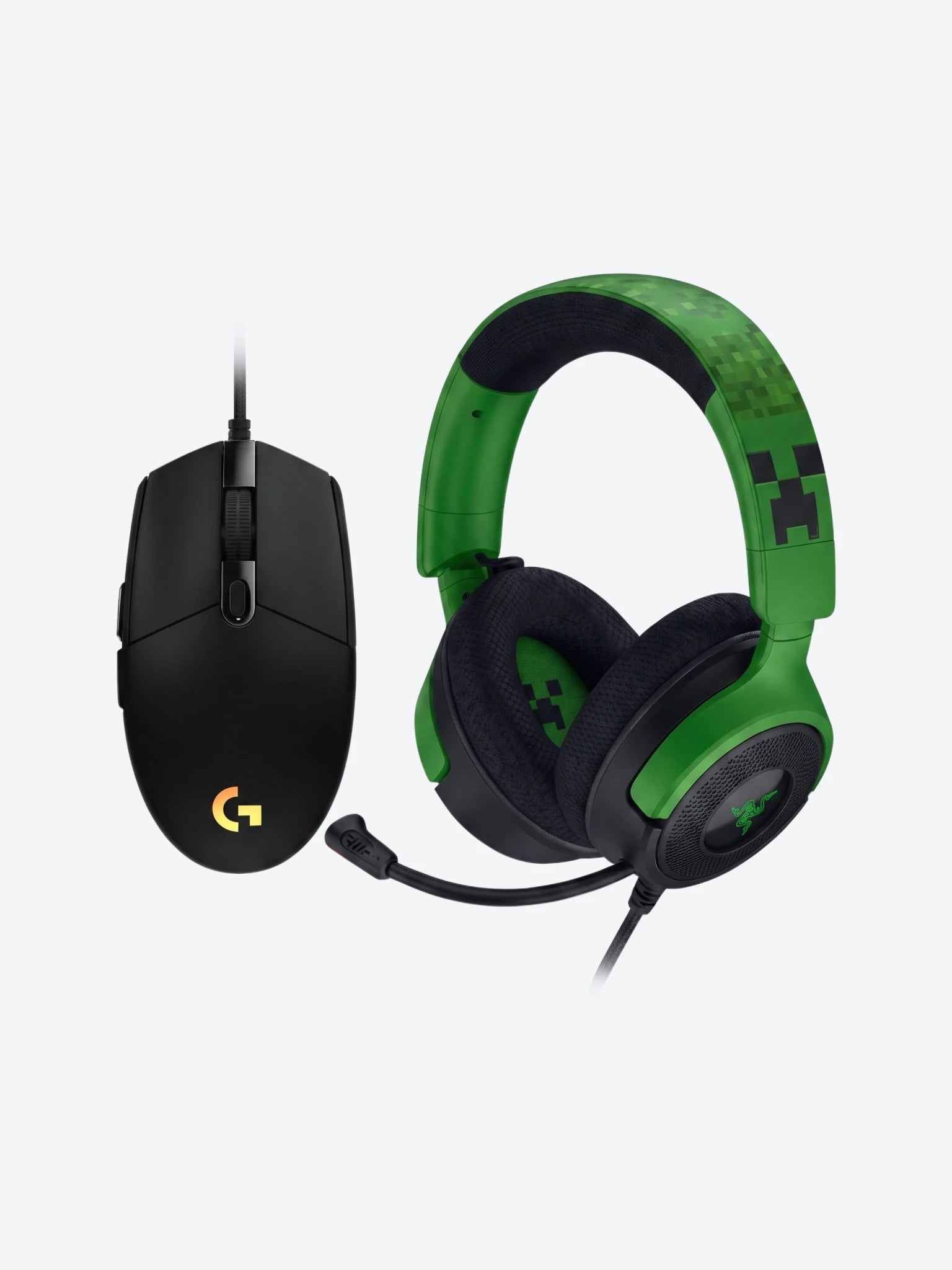 Combo de Headset Gaming Razer RZ04- 05180200- R3M1 Kraken V4 X Wired Color Verde Minecraft con Mouse Gaming Logitech G203 910-005790 Lightsync Color Negro-1