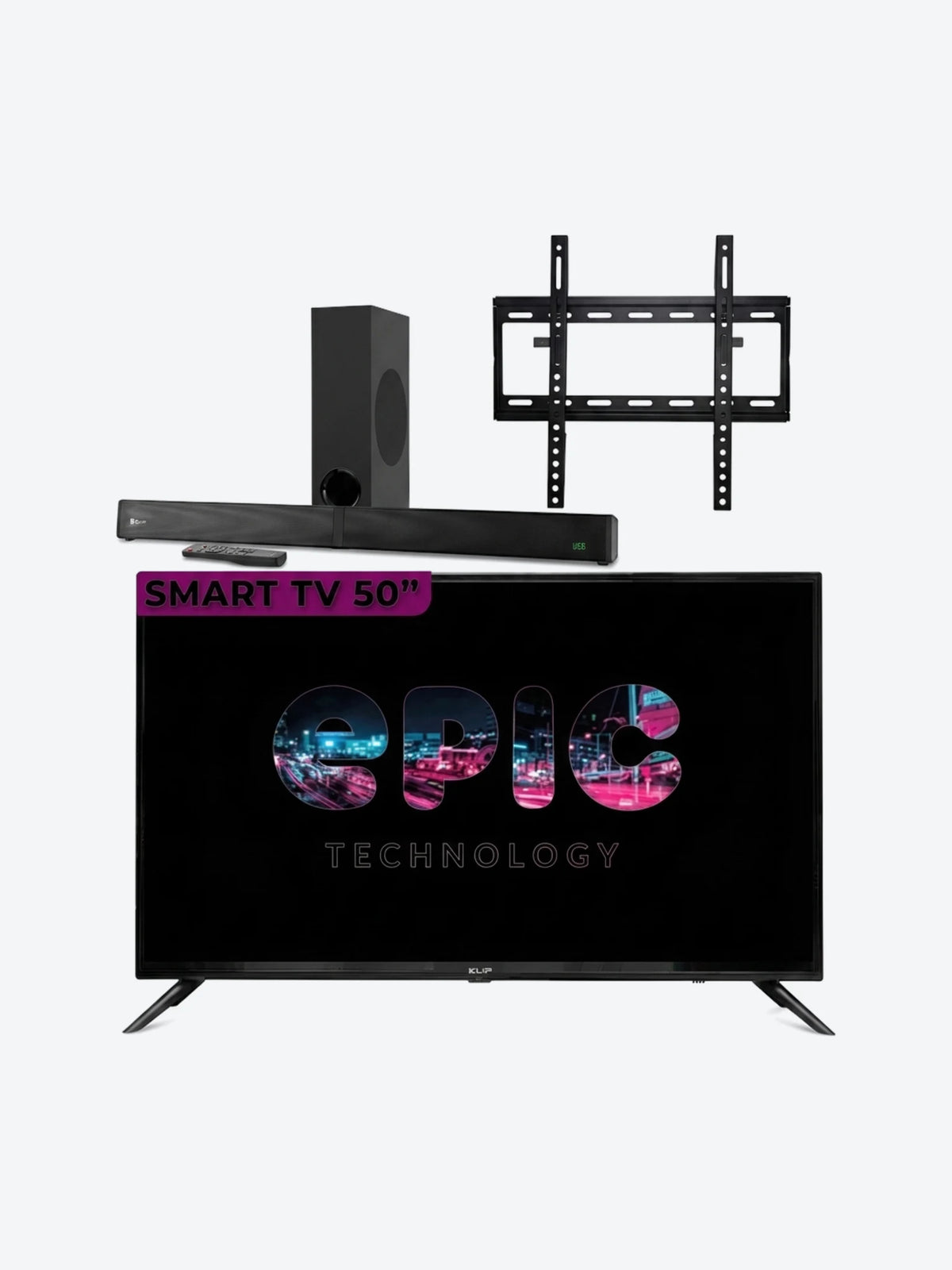 Combo de Sound Bar Klip Xtreme KSB-301 y Televisor Inteligente Epic EPIC50SMA 50" con Bracket (Base) Para TV Epic EPICV23-2-1