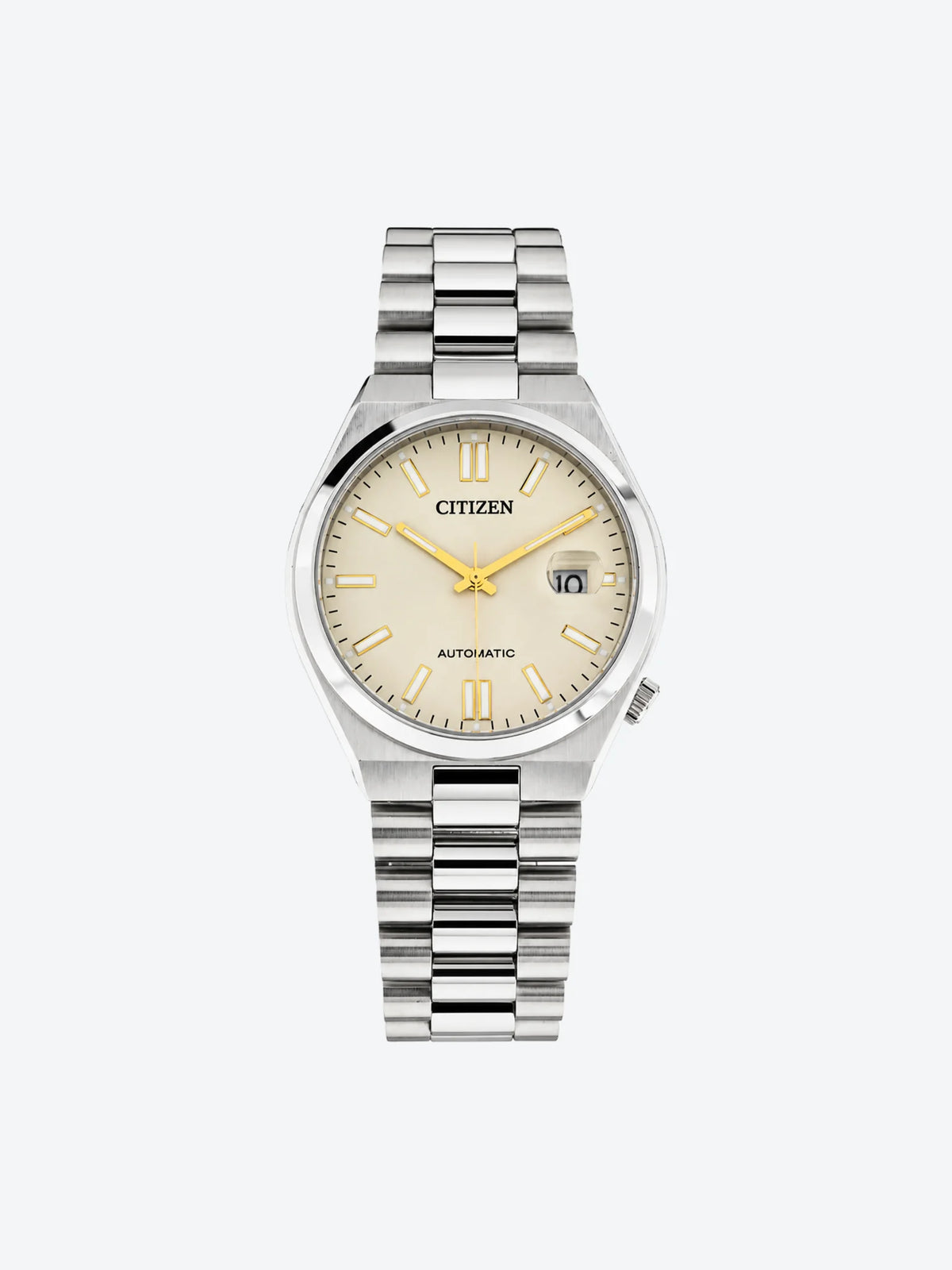 Reloj de Pulsera Automtico Tres Manecillas y Fechador de Caballero esfera avena con Caja y Banda de Acero Inoxidable Plateado.
