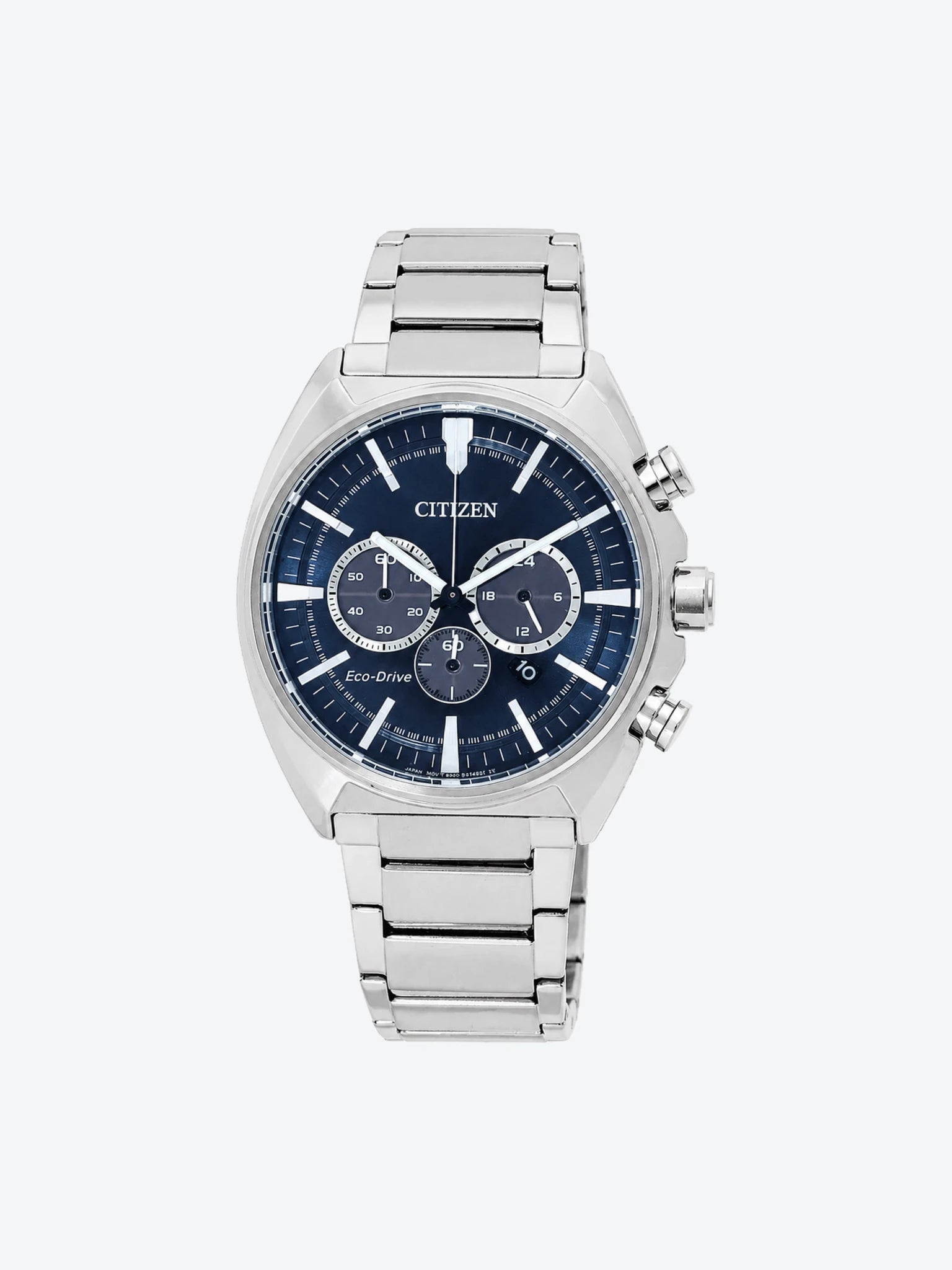 Reloj de Pulsera Anlogo Crongrafo Multimanecillas Indicador 24hrs y Fechador de Caballero esfera azul con Caja y Banda de Acero Inoxidable Plateado.