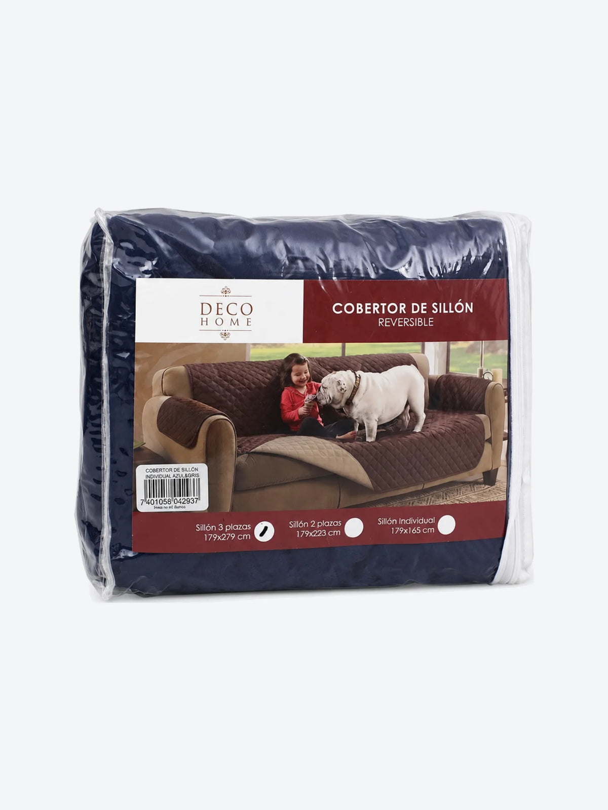 COBERTOR DE SILLON 3 PLAZAS REVERSIBLE, 179X279CM, GRIS Y AZ