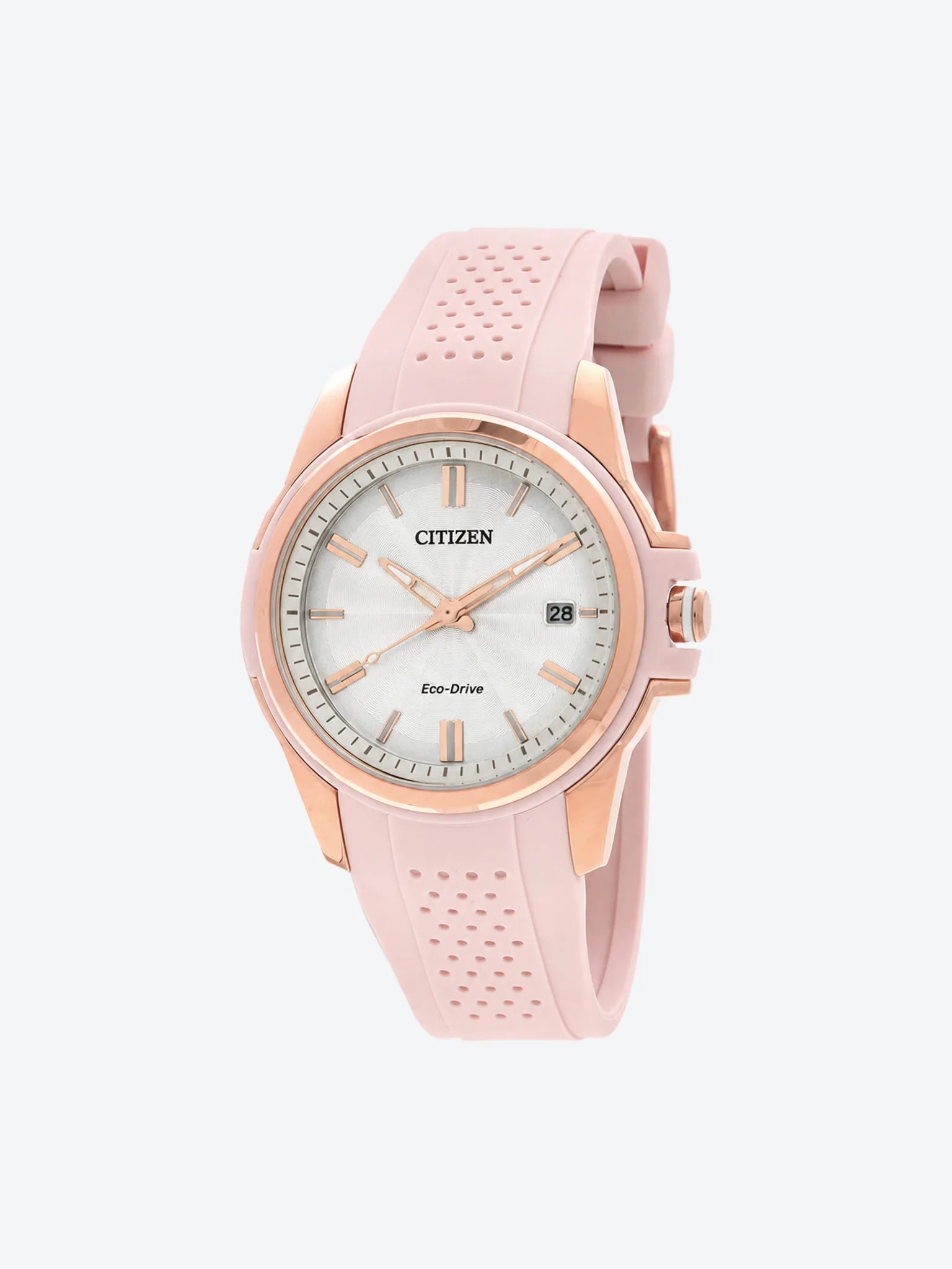 Reloj de Pulsera Anlogo Tres Manecillas y Fechador de Dama esfera beige con Caja de Acero Inoxidable Oro Rosa y Banda de Uretano Rosada.