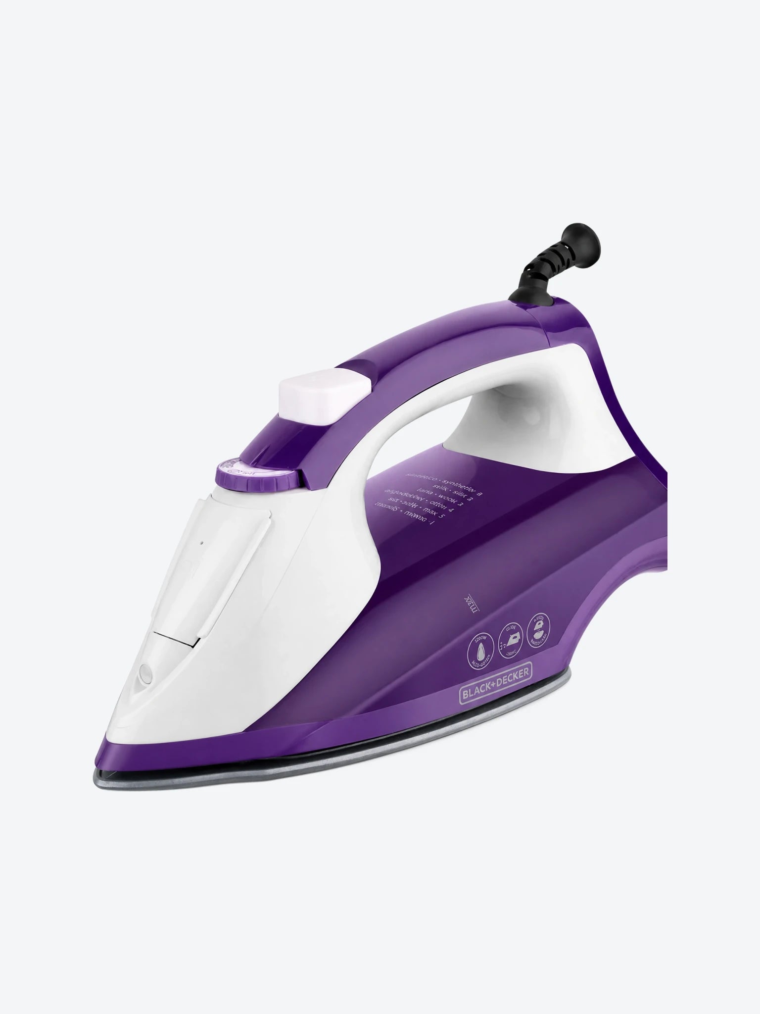 Plancha Para Ropa Black+Decker IR1840 1200 Watts Suela Ceramica GlideT Color Blanco con Morado