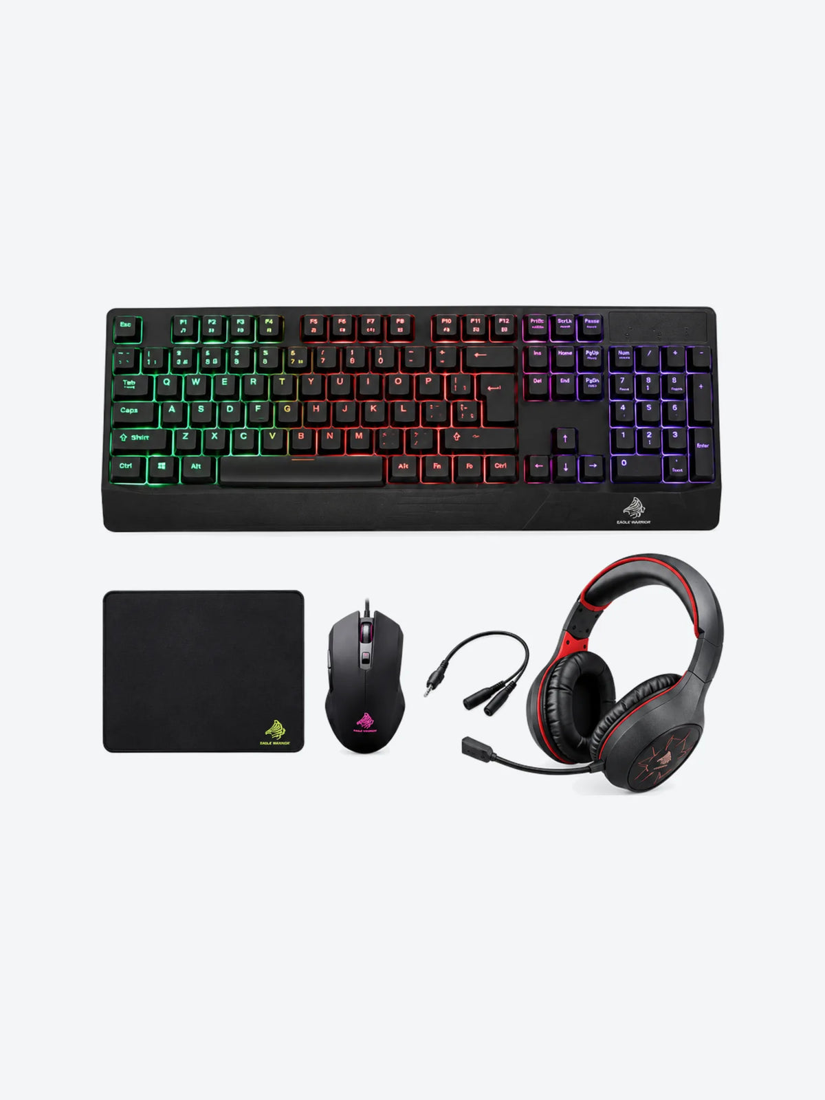 KIT GAMING  EAGLE WARRIOR RHINO 4 IN 1  TECLADO RAINBOW COLOR LETTER BACKLIGHT+ MOUSE + MOUSE PAD+ HEADSET + (KMB302+ MOM636+ FXX24182+ FHS3007)-1