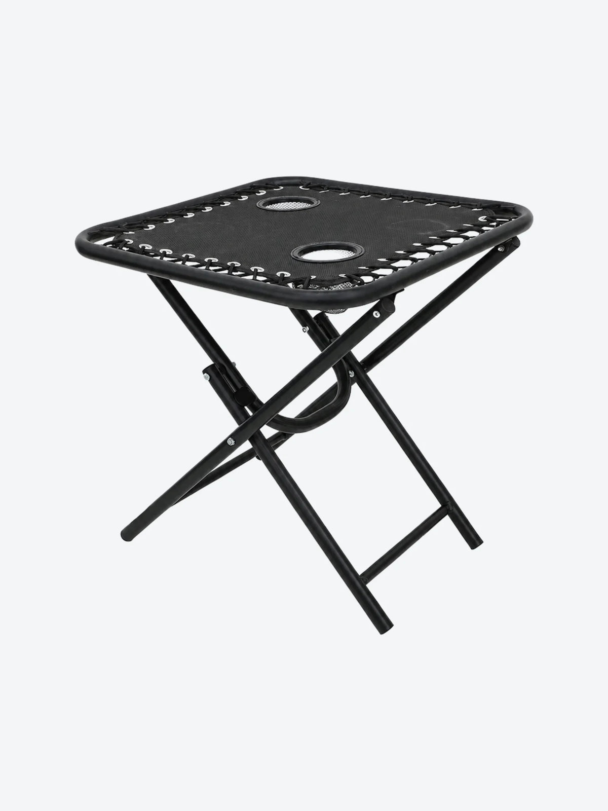MESA AUXILIAR DE ACERO Y TEXTILENO PLEGABLE CON 2 PORTAVASOS
