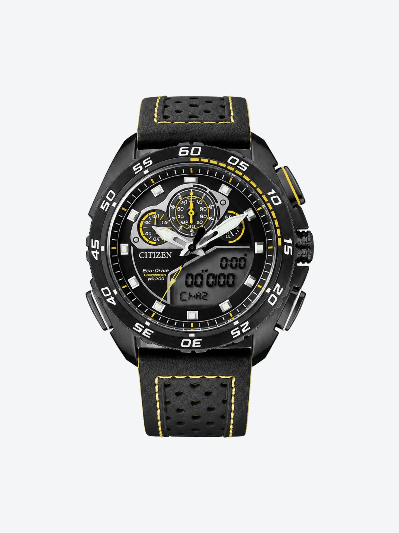 Reloj de Pulsera Anlogo Crongrafo Digital de Caballero esfera negra con Caja de Acero Inoxidable BIP y Banda de Cuero negro.