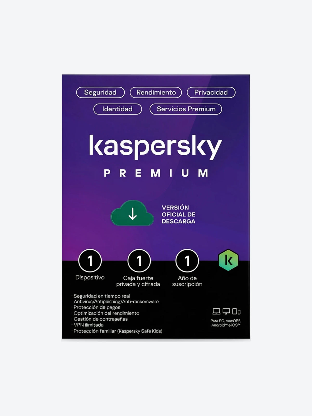 kaspersky PREMIUM / 1 dispositivo + 1 KPM / 1 año / base