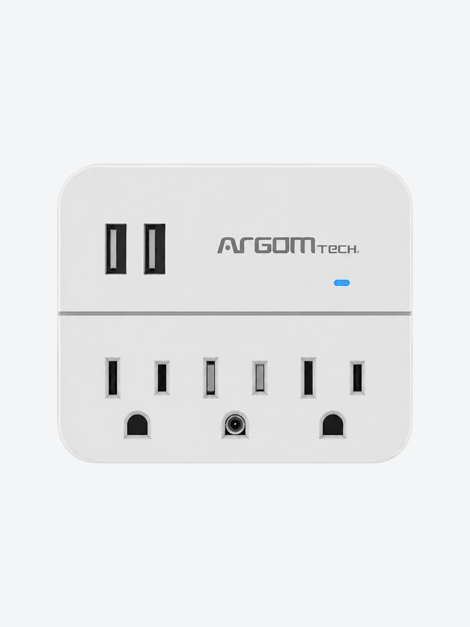 Adaptador de Enchufe Triple con 2 Puertos USB y Proteccion de Sobretensiones - Blanco