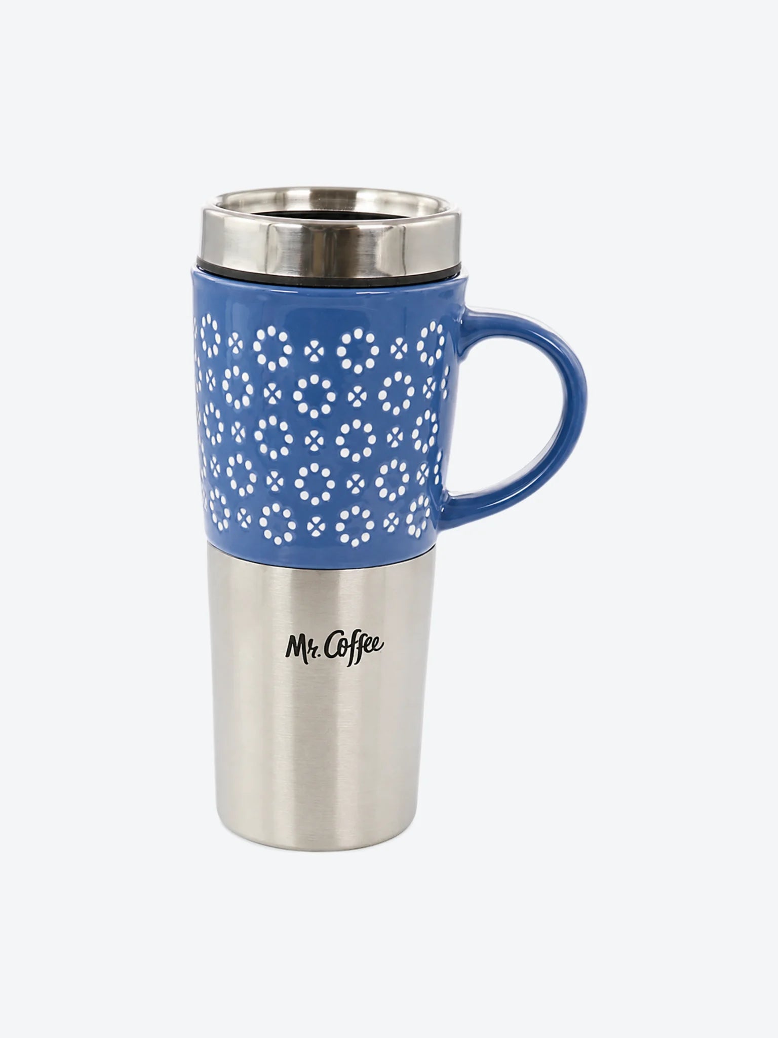 Taza de 16 Oz, Taza cermica con acero inoxidable Mr Travertine Floral Color Celeste