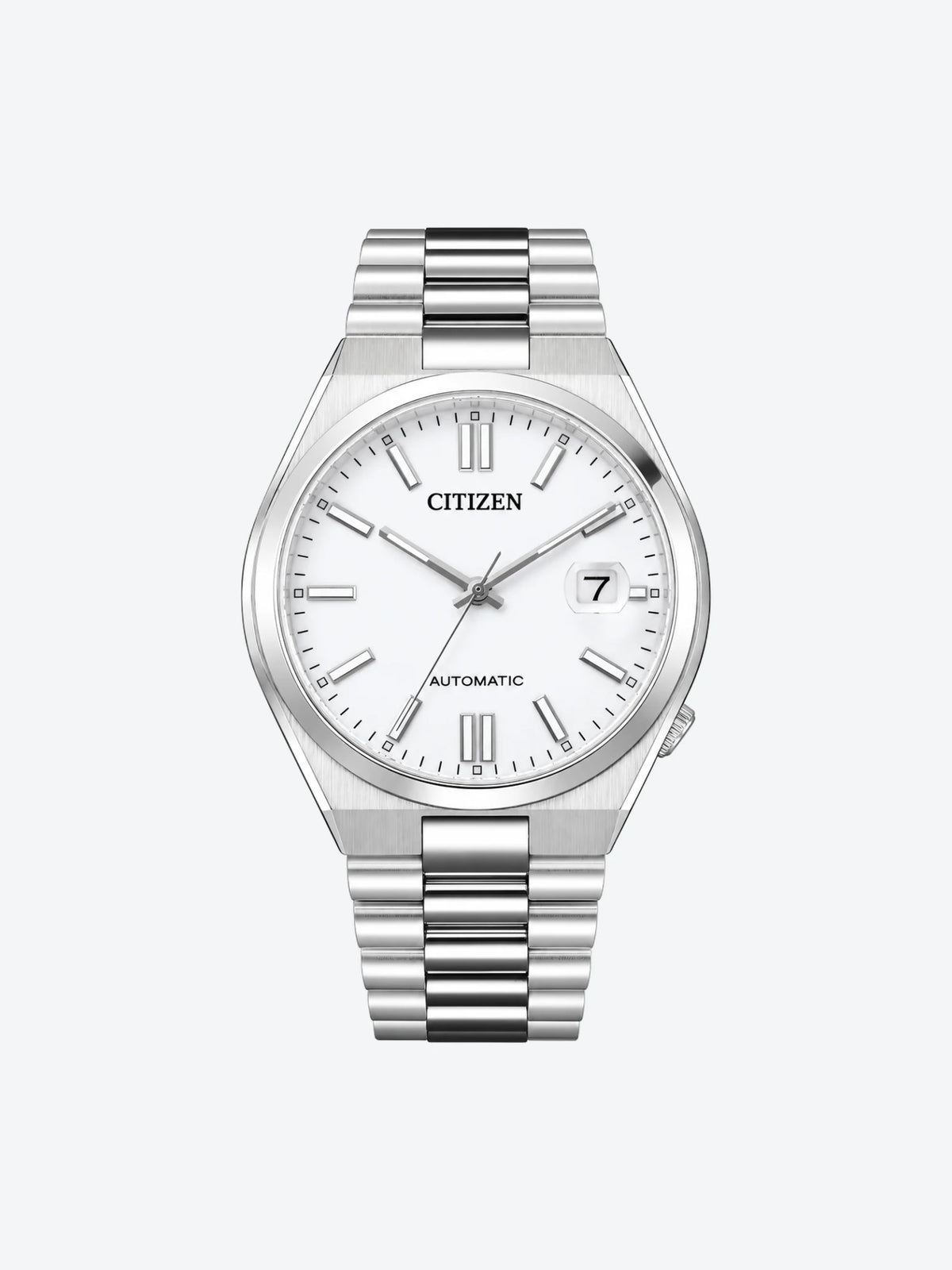 Reloj de Pulsera Automtico Tres Manecillas Visualizacin de la mquina en la caja trasera y Fechador de Caballero esfera blanca con Caja y Banda de Acero Inoxidable Plateado.