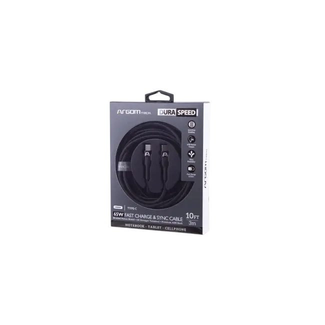 Cable Argom ARG-CB-0048BK Tipo C a Tipo C 65W Nylon Trenzado Dura Speed 3mts