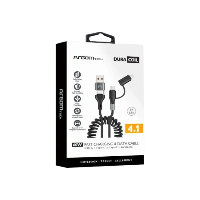 CABLE ARGOM CARGA RAPIDA 4 EN 1 DE 60W DURA COIL DE 1.5 M/6FT NEGRO-2