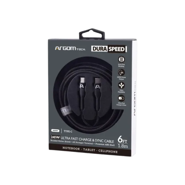 CABLE ARGOM DE CARGA ULTRARRÁPIDA DURASPEED TIPO C A C DE 240W 1.8M/6FT NEGRO-2