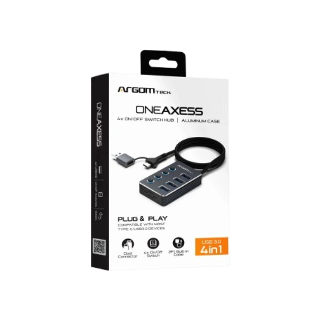 HUB Argom ARG-UB-0190 One Axess 2 en 1  USB A + C 4 Puertos USB 3.0 Interruptor 5GBPS con Cable 0.5MTS-2