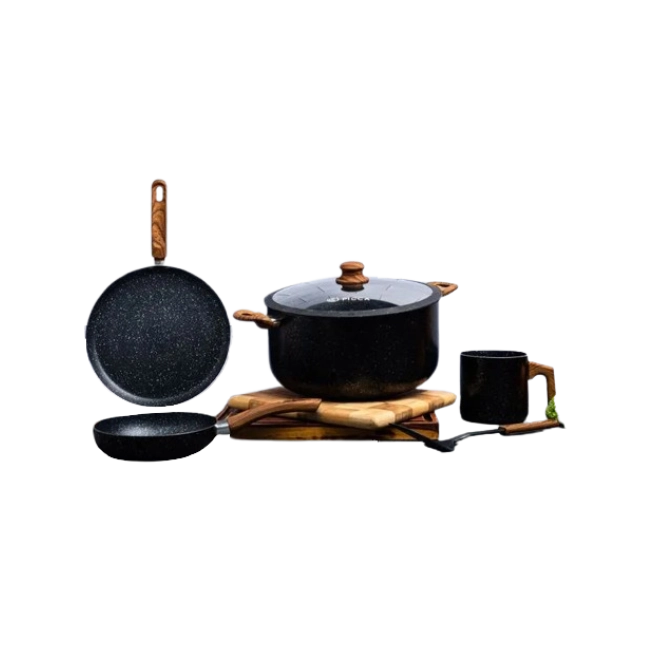 Bateria de Cocina Picca Catania 6 piezas Color Negro con Efectos Stone Plateado-1