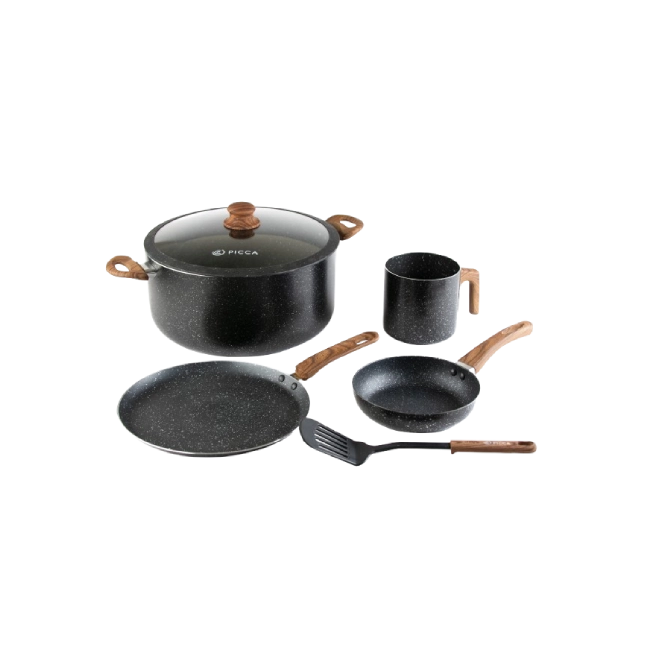 Bateria de Cocina Picca Catania 6 piezas Color Negro con Efectos Stone Plateado