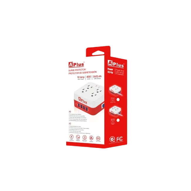 Protector de Sobretension APlus PlusExtend 8-10A-12M 10Amp 900 Joules 5V/2.4A 4 Tomas 4 Puertos USB 5VDC Color Blanco con Rojo