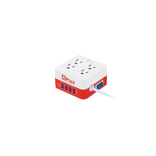 Protector de Sobretension APlus PlusExtend 8-10A-12M 10Amp 900 Joules 5V/2.4A 4 Tomas 4 Puertos USB 5VDC Color Blanco con Rojo-3